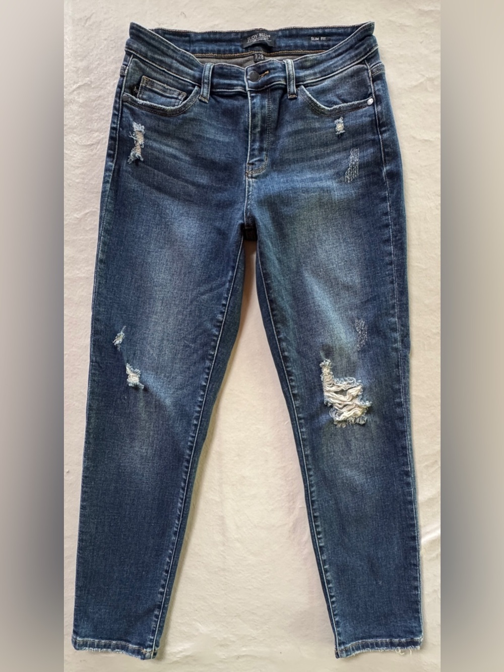 Judy Blue Destroyed Cuffed Mid-Rise Slim Fit Jeans Cuffed or Uncuffed (7/28) - Picture 3 of 15